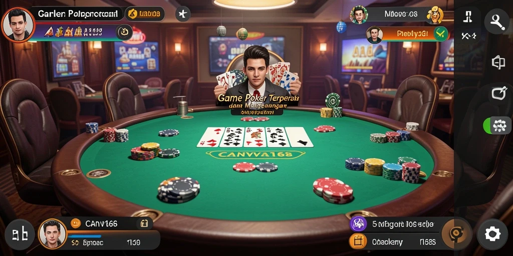 Screenshot gameplay <strong>CANVA168</strong> menunjukkan aksi seru meja poker yang penuh tantangan.