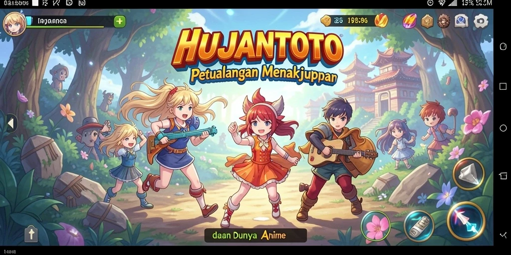 Tampilan gameplay HUJANTOTO dengan karakter anime yang menarik.