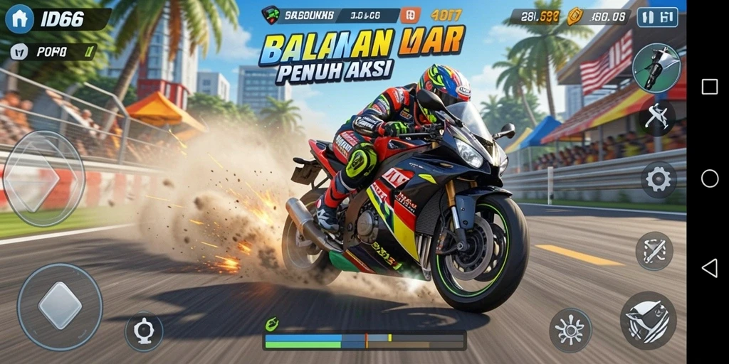 Screenshot ID66 menampilkan adegan balapan motor yang mendebarkan.