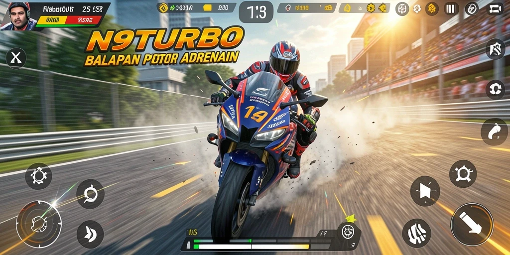 Screenshot gameplay N9TURBO yang menampilkan balapan motor yang mendebarkan.