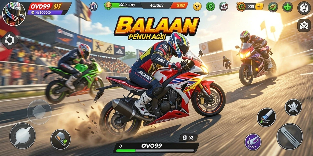 Tampilan gameplay OVO99 dengan balapan motor yang intens.