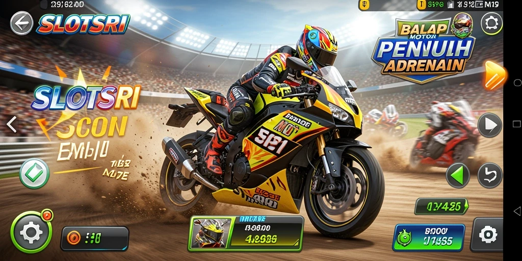 Tangkapan layar gameplay SLOTSRI dengan aksi balapan motor yang mendebarkan.