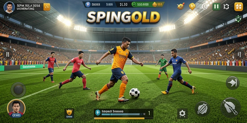 Tampilan gameplay menarik dalam SPINGOLD dengan aksi sepak bola seru.