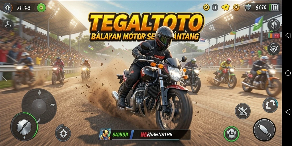 Tampilan gameplay TEGALTOTO yang mendebarkan dengan balapan motor yang cepat.